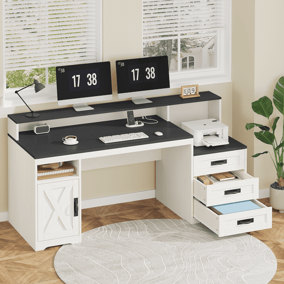 Farmhouse Computer Desk with Drawers, 65'' Home Office Desk with Power Outlets, Storage Cabinet and Printer Stand, Study Writing Desks with Long Monitor Stand, Black and White