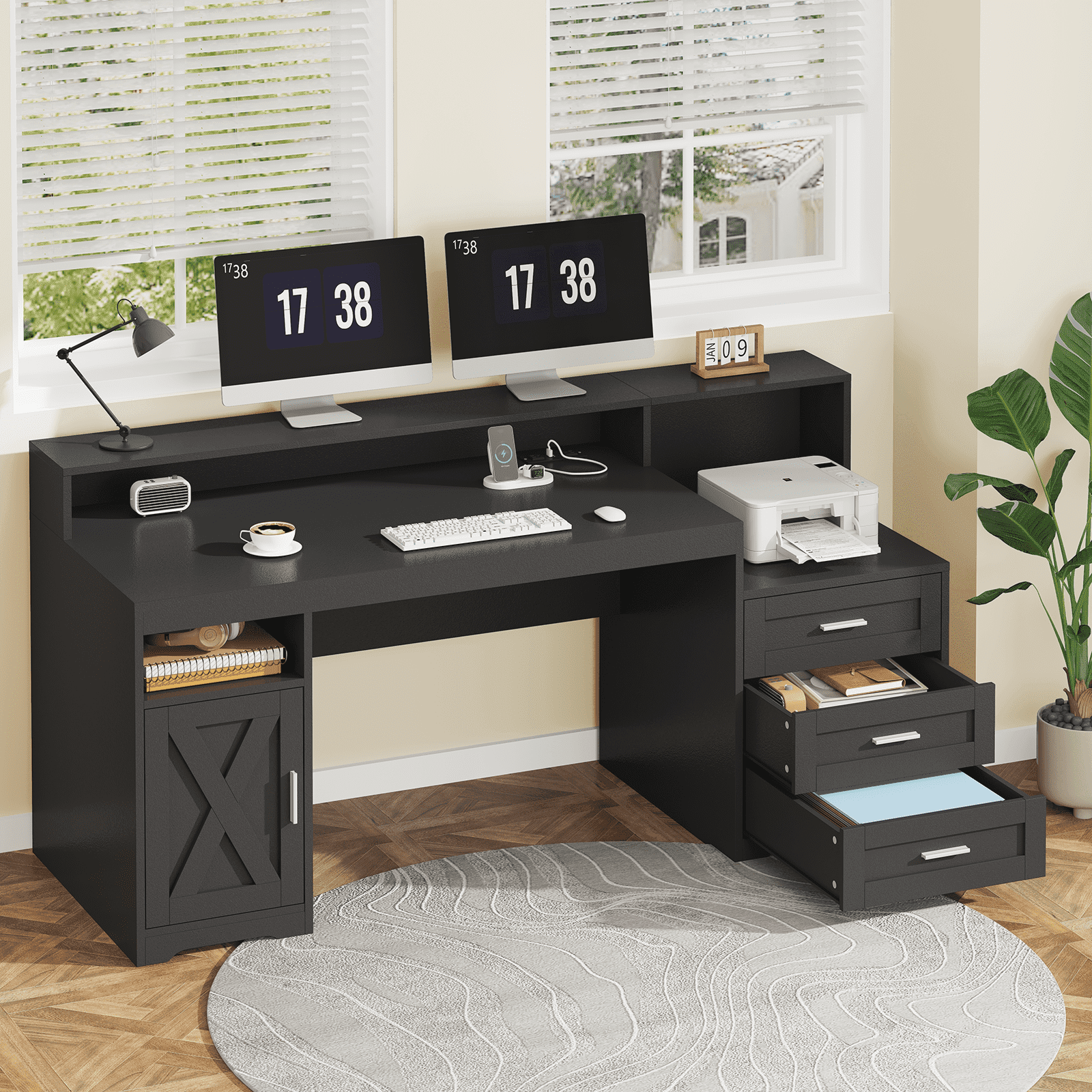 Farmhouse Computer Desk with Drawers, 65'' Home Office Desk with Power Outlets, Storage Cabinet and Printer Stand, Study Writing Desks with Long Monitor Stand, Black