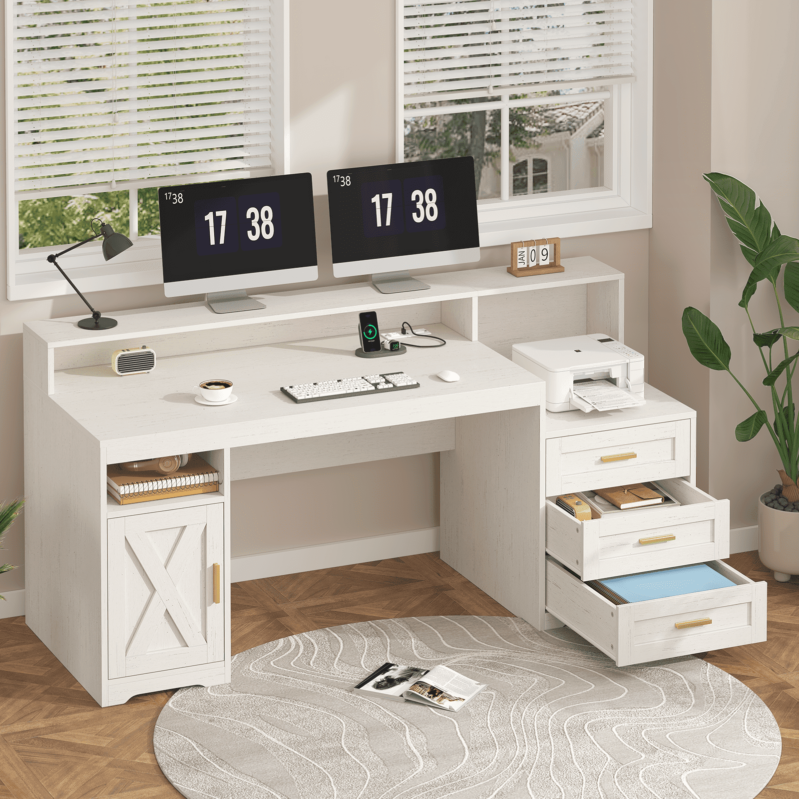 Farmhouse Computer Desk with Drawers, 65'' Home Office Desk with Power Outlets, Storage Cabinet and Printer Stand, Study Writing Desks with Long Monitor Stand, White