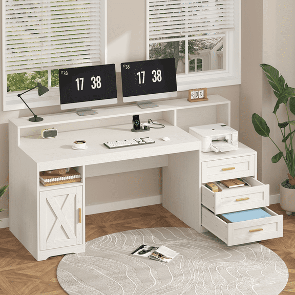 Farmhouse Computer Desk with Drawers, 65'' Home Office Desk with Power Outlets, Storage Cabinet and Printer Stand, Study Writing Desks with Long Monitor Stand, White
