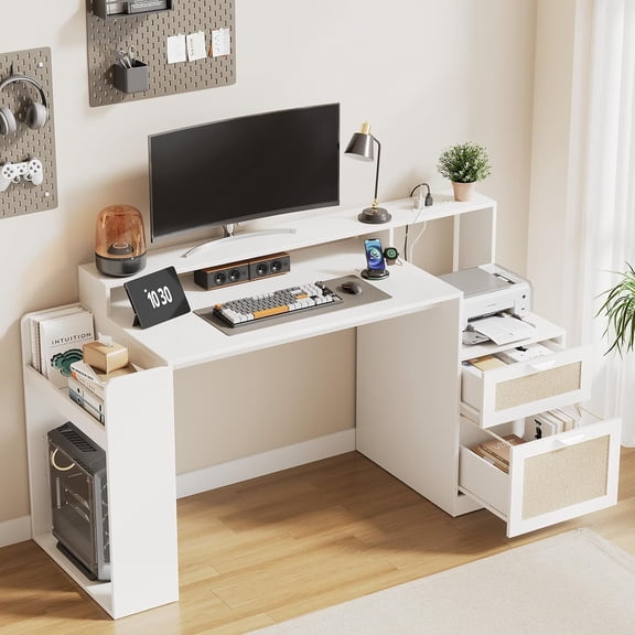 Farmhouse Computer Desk with Drawers and Power Outlets, 60” Home Office Desk with Adjustable File Drawer, Cat Scratching Pad, Printer Stand, Shelves & Monitor Riser, White