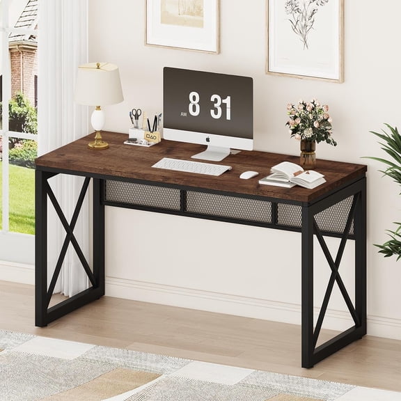 Farmhouse Computer Desk, Modern Industrial Home Office Desks, Wood Metal Study Writing Table, Sturdy Gaming Desk (Rustic Oak, 54 Inch)