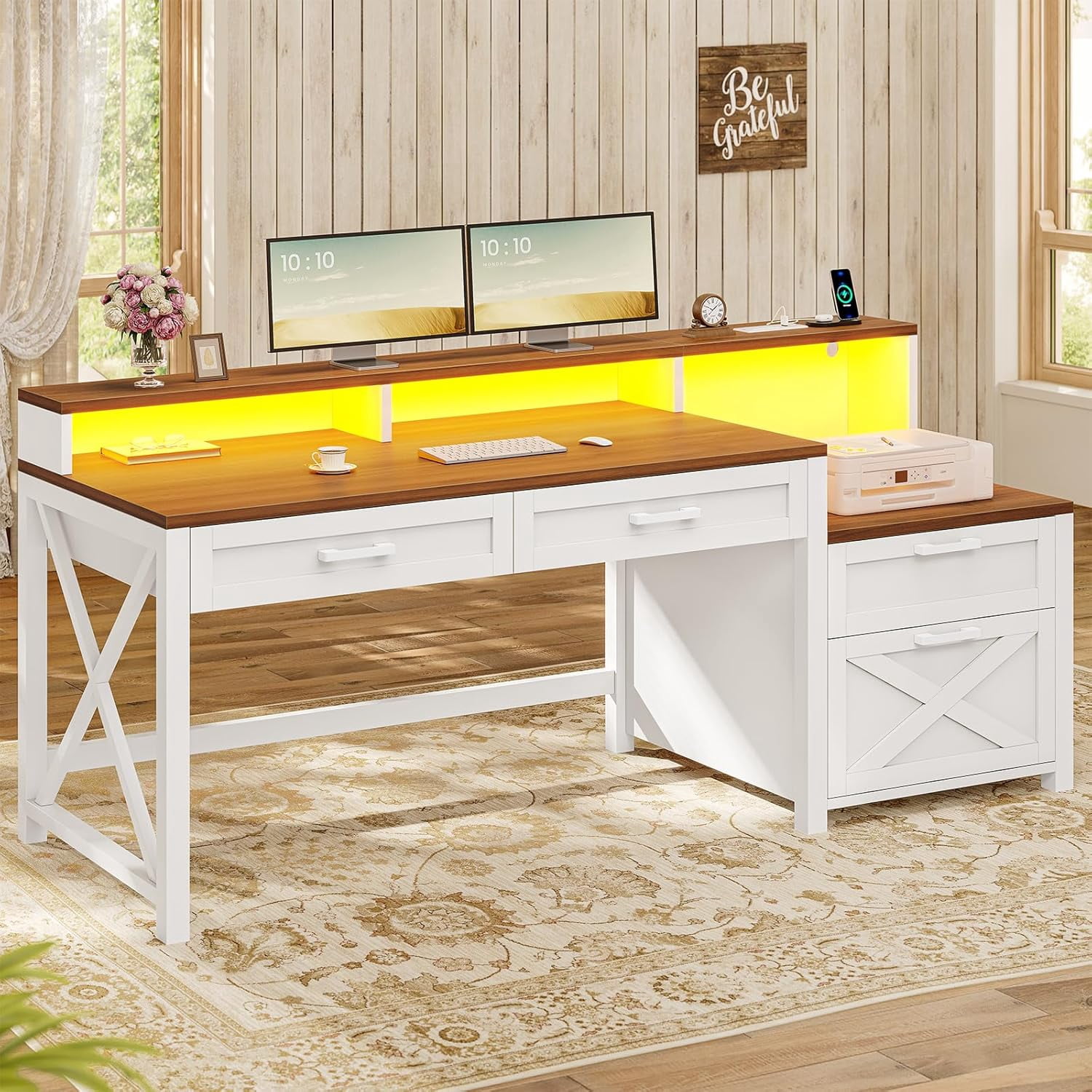 Farmhouse Computer Desk with Power Outlets, Home Office Desk with Drawers & Monitor Stand, Corner Desk with Printer Stand & LED Lights, 55" White Desk Writing Desk Study Table for Small Space