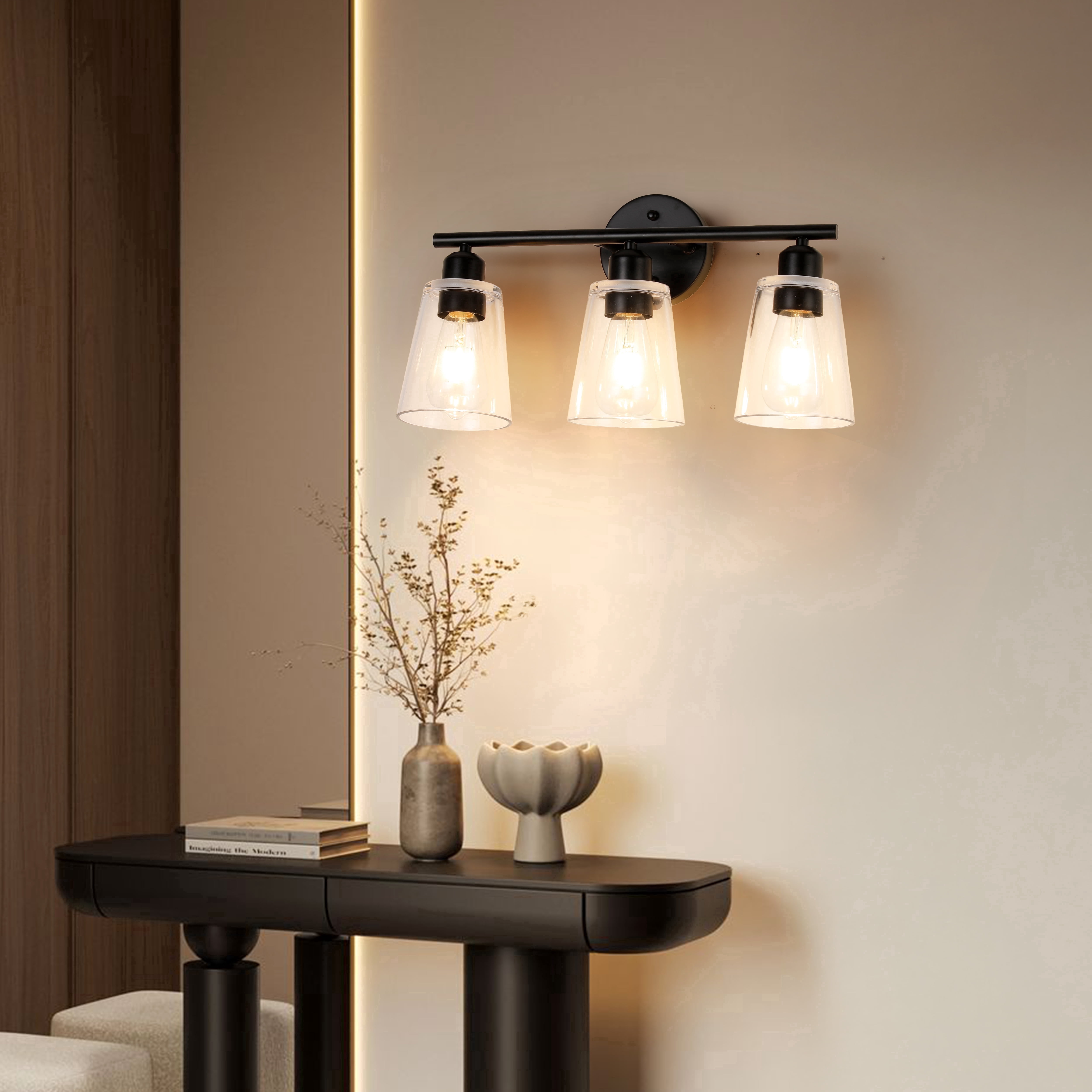 Farmhouse Cone Type Glass Vanity Lighting Modern Vanity Lights with Clear Glass Shade, Bathroom Wall Lamp for Mirror Kitchen Living Room Hallway Cabinet Porch