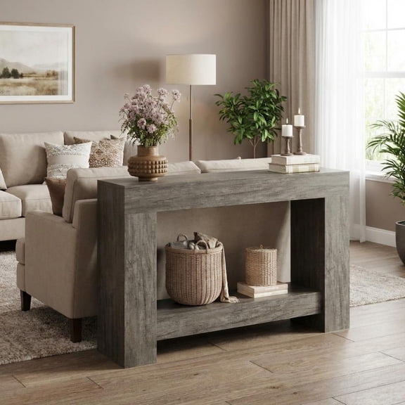Farmhouse Console Dining Table – 2-Tier Long Entryway Table with Open Storage – Rustic Gray Oak Narrow Sofa Table – 1.2 Meters