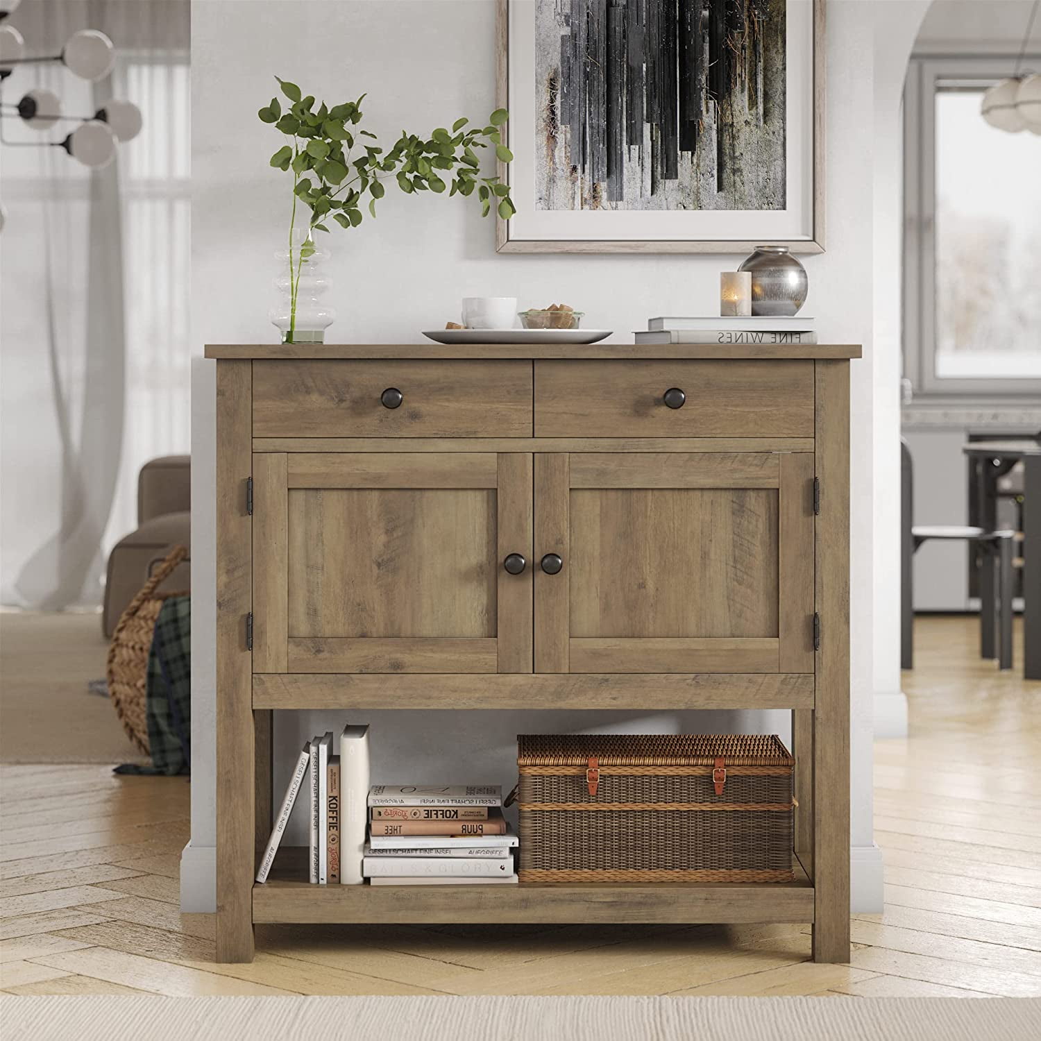 Farmhouse Console Table with 2Door & 2 Drawers, Coffee Bar
