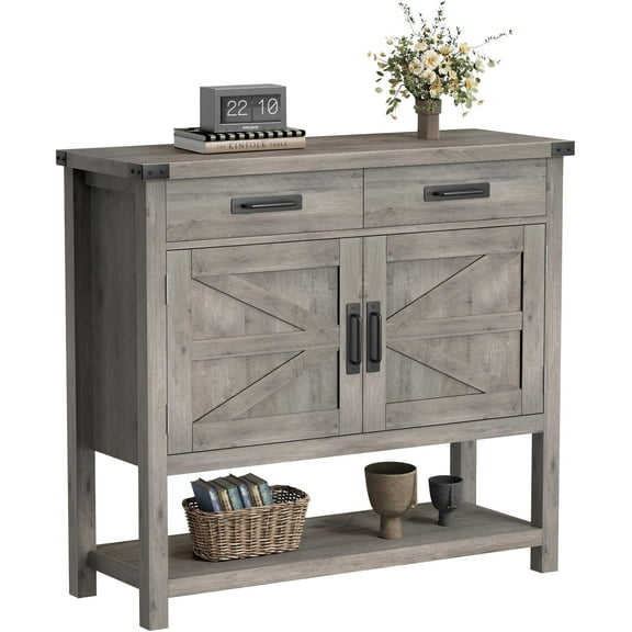 Farmhouse Console Table with 2-Door Cabinet & 2 Drawers, Coffee Bar, Entryway Table with Storage Shelf, Sofa Tables Buffet Sideboard for Kitchen, Hallway, Dining, Living Room, Grey