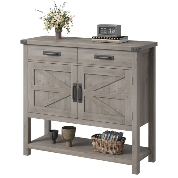 Farmhouse Console Table with 2-Door Cabinet & 2 Drawers, Coffee Bar, Rustic Entryway Table with Open Shelf, Entryway Table with Storage Shelf, for Kitchen, Hallway, Dining, Living Room