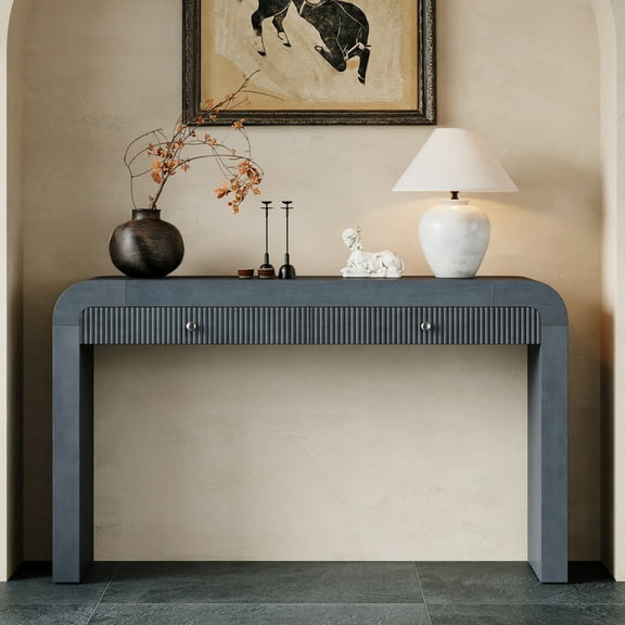 Farmhouse Console Table with 2 Fluted Drawers, Rustic Entryway Table with Round Edge and Adjustable Foot Pads, Sturdy Sofa Table for Living Room, Hallway, Foyer, Dark Navy