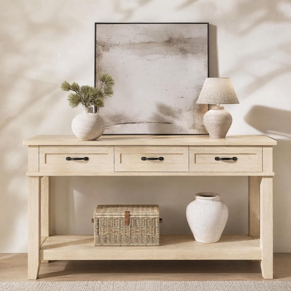 Farmhouse Console Table with 3 Drawers and Storage Shelf, Narrow Entryway Sofa Table for Hallway and Foyer, 54 Inch Long Rustic Accent Table for Behind Couch,Light oak