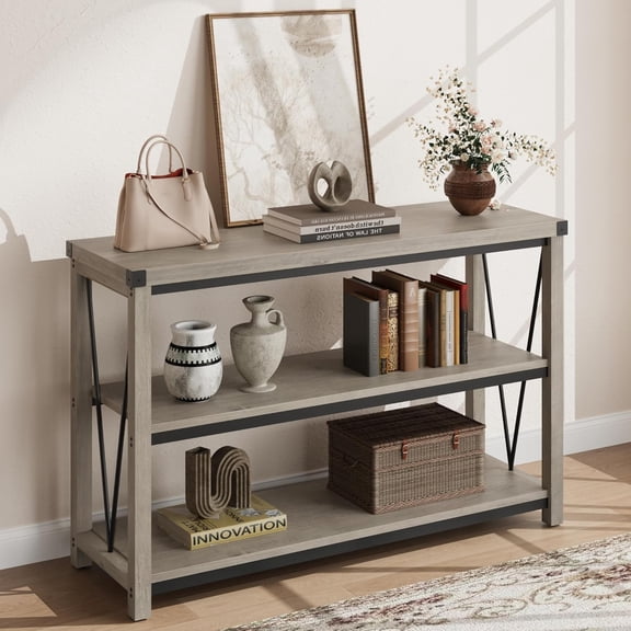 Farmhouse Console Table, 47 Inch Narrow Long Entryway Table with Storage, 3 Tier Wood for Living Room, Entryway Furniture,Grey