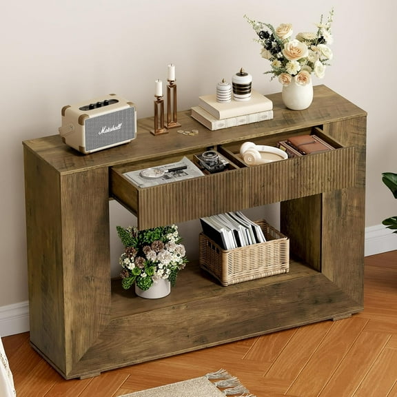 Farmhouse Console Table, 47 Inches Wooden Entryway Table with Storage, Fluted Sofa Table with 2 Handle-Less Drawers, for Entryway, Living Room, Foyer, Hallway, Dark Brown