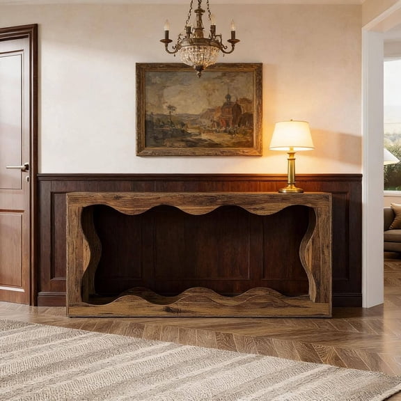 Farmhouse Console Table, 63" 2-Tier Entryway Table Behind Sofa Couch Table with Wavy Edge Design