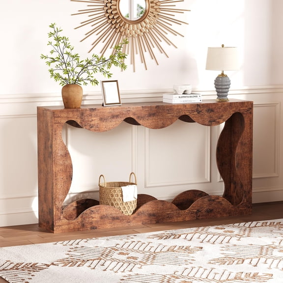 Farmhouse Console Table,63 Inches Couch Table Behind Sofa,Scalloped Edge Design,Entryway Sofa Station with Storage Shelf,Narrow Console Stand, Hallway Stand for Entryway Living Room