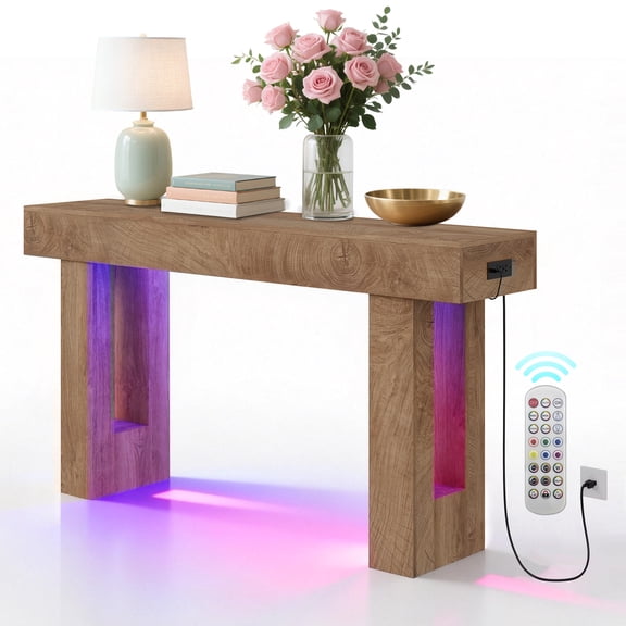 Farmhouse Console Table with Charging Station & Human Sensor Light, Wooden Rectangular Entryway Table Behind Sofa, Foyer Furniture for Hallway Living Room