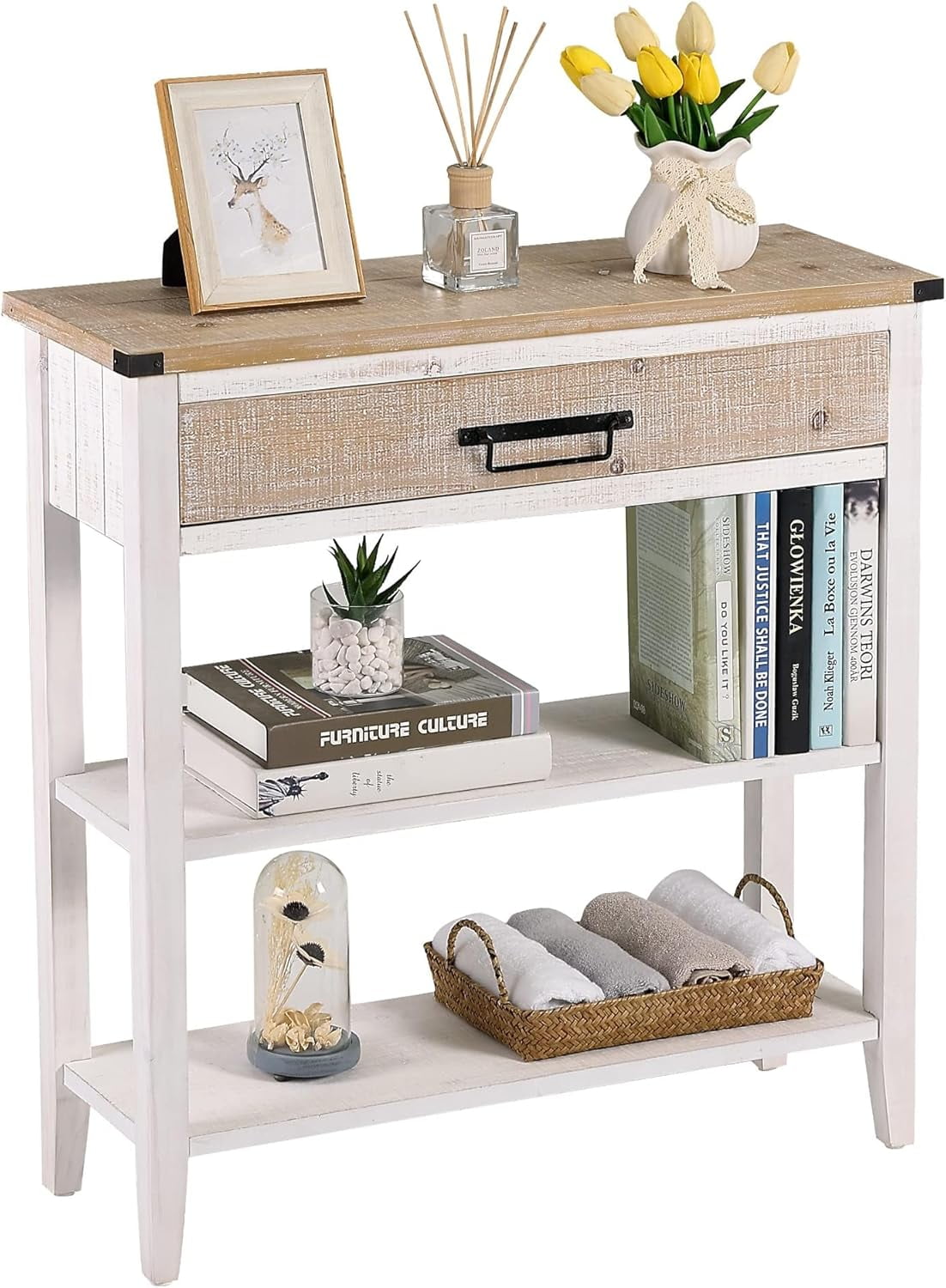 Farmhouse Console Table with Drawer, 3-Tier Rustic Entryway Table with ...
