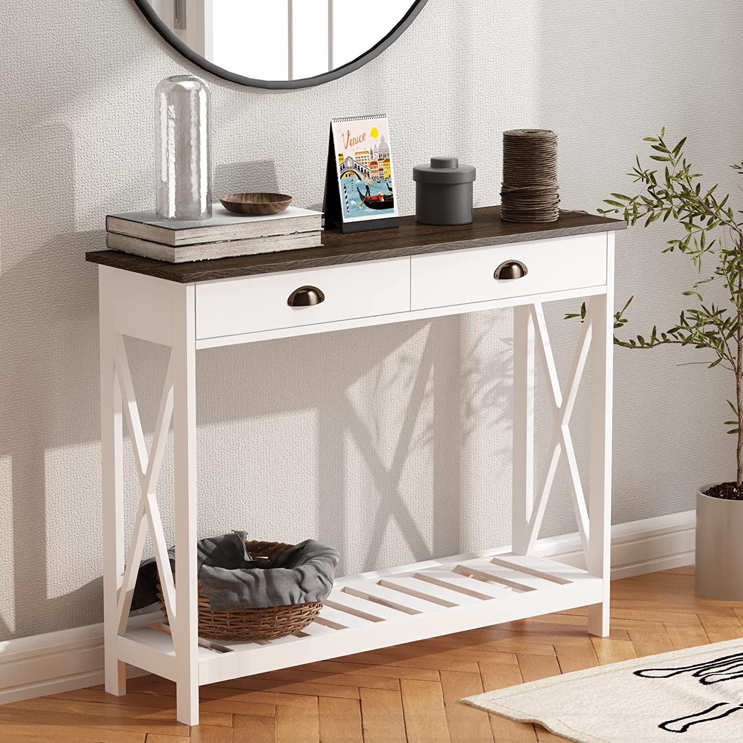 Farmhouse Console Table with Drawer for Entryway Narrow Long Entry Table with Shelf for Living
