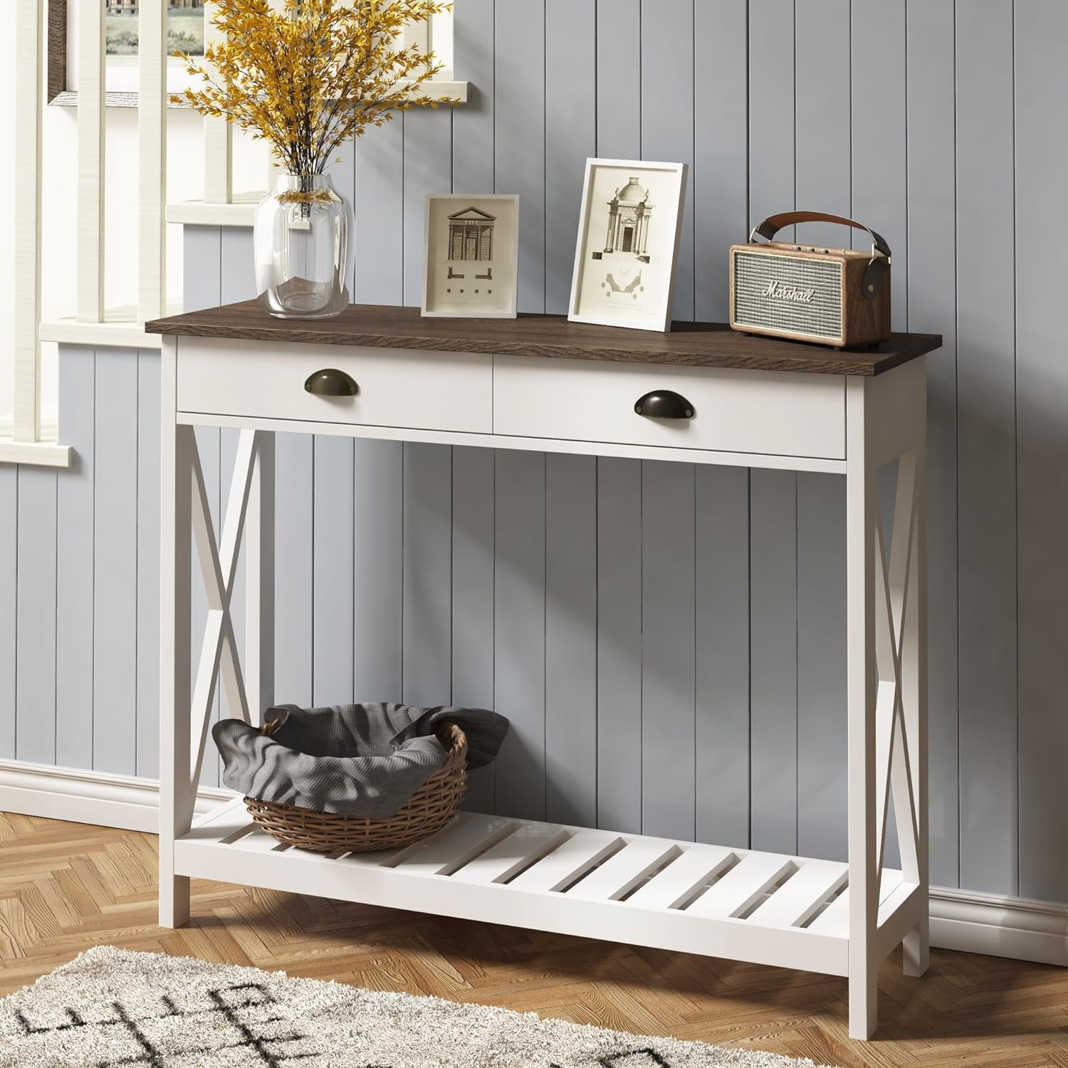 White and Brown Wood Console Table with Storage Drawer