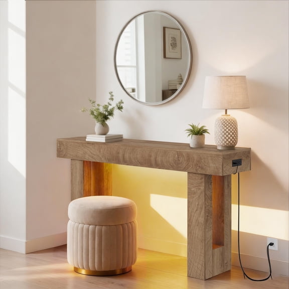 Farmhouse Console Table with LED Light and Power Outlet, Thickened Narrow Entryway Table, Spacious Storage Sofa Side Furniture for Hallway Foyer, Sandalwood