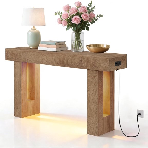 Farmhouse Console Table with Power Outlet and Motion Sensor LED Light, 63" Narrow Sofa Table with Open Storage, Entryway Table for Hallway, Living Room and Behind Couch,Mountain-patterned sandalwood