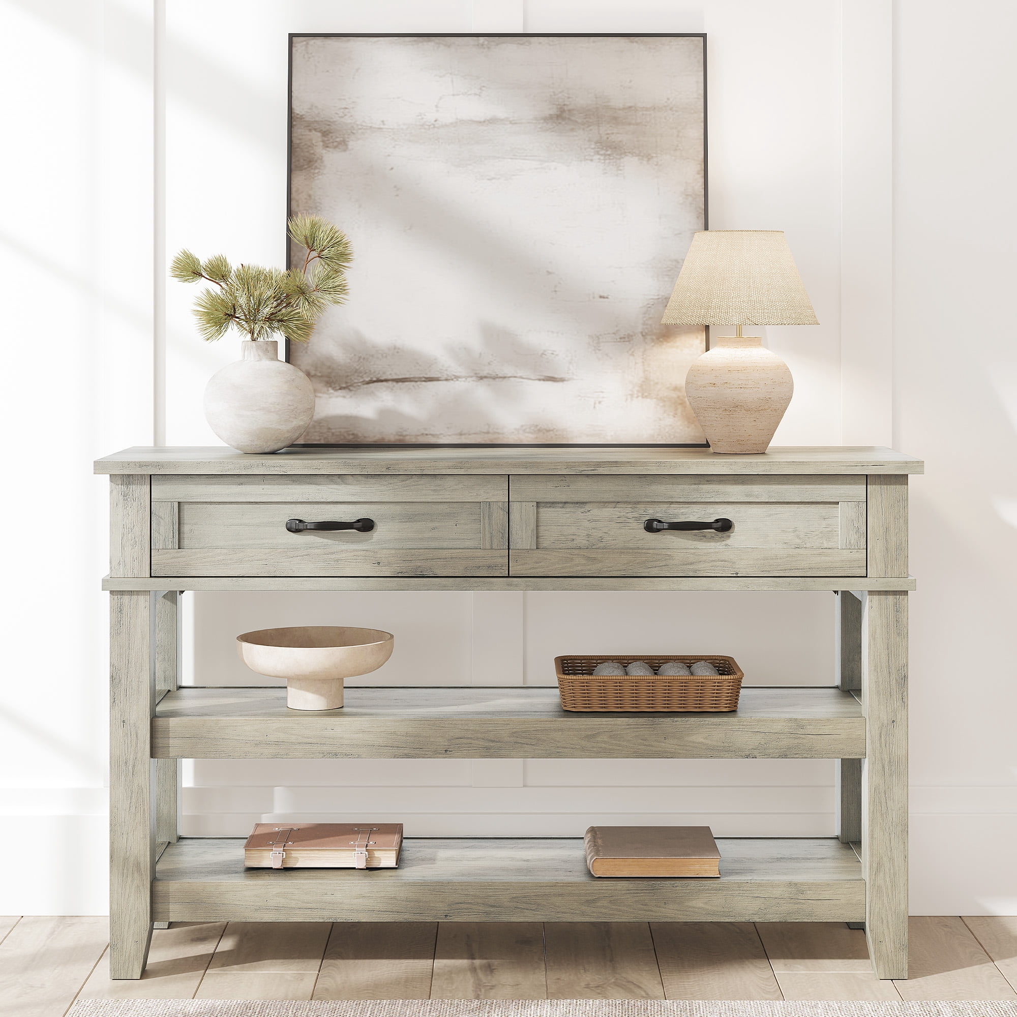 Farmhouse Console Table, Rustic Entryway Table with 2 Drawers and 2 Shelves, Wood Sofa Table Entryway Desk for Hallway, Vintage TV Stand for Living Room Bedroom