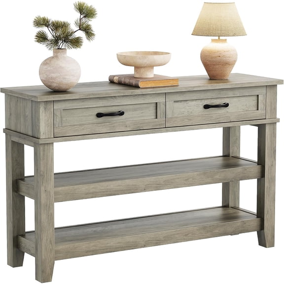Farmhouse Console Table, Rustic Entryway Table with 2 Drawers and 2 Shelves, Wood Sofa Table Entryway Desk