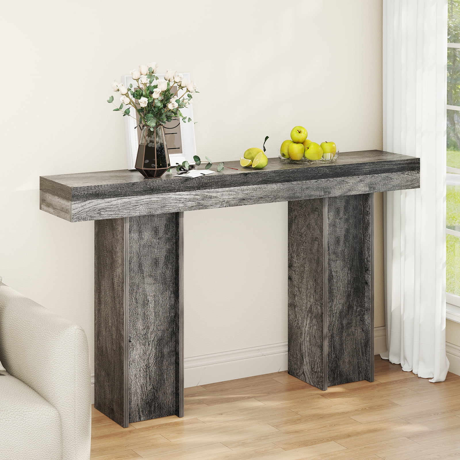 Gray Engineered Wood Farmhouse Console Table with Storage
