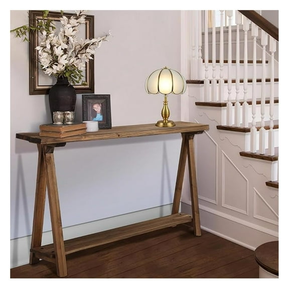 Farmhouse Console Table, Solid Wood Sofa Table for Living Room, Rustic Entryway Table with A-Frame, 43.3" Natural Finish