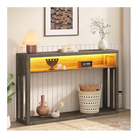 Farmhouse Console Table with Storage, 47" 2-Tier Entryway Sofa Table with Led Light Behind Couch Table Hallway Stand for Living Room, Hallway, Foyer - Gray