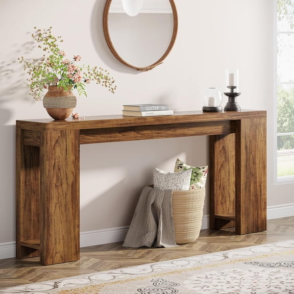 Farmhouse Console Table Style Floating Wall Shelves, 6-Pack Rectangular Oak Shelves with Light Brown Wooden Grain Finish, Brown Top & Base, Decor-Themed Wall Mounted Storage, Sturdy L-Shaped Metal Br