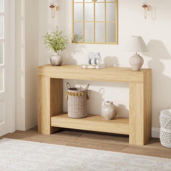 Farmhouse Console Table for Entryway – 2-Tier Wooden Sofa Table with Storage – Long Hallway Table – Durable Dining Room Accent – Natural, 1.2 Meters