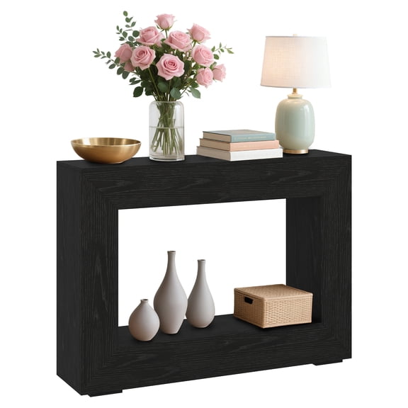 Farmhouse Console Table for Entryway – Wooden Sofa Side Table with Storage – Rustic Accent Hallway Furniture – Long Narrow Black Walnut Design