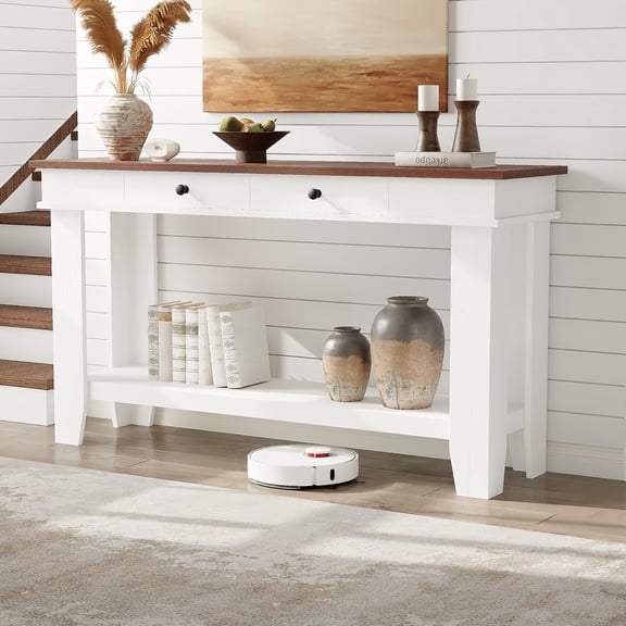 Farmhouse Console Table with 2 Drawers, Open Storage Shelf, Rustic Brown Wooden Narrow Sofa Table for Living Room or Hallway, White