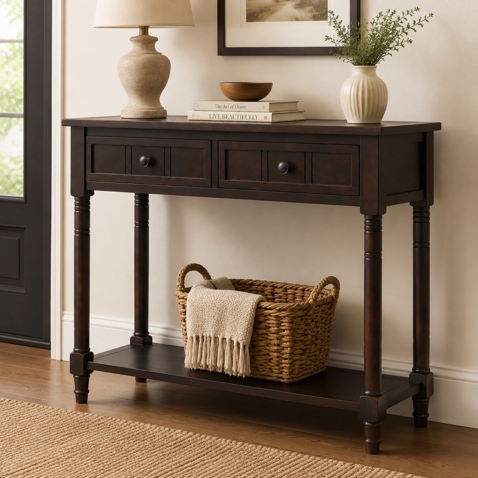 Farmhouse Console Table with 2 Drawers and Bottom Shelf, Solid Wood Sofa Table Entryway Table for Hallway Living Room Entrance