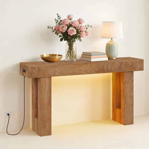 Farmhouse Console Table with Detector LED & Charging, Narrow Entryway Table, Sturdy Wooden Build, Sofa Hallway Foyer – Mountain-Patterned Sandalwood