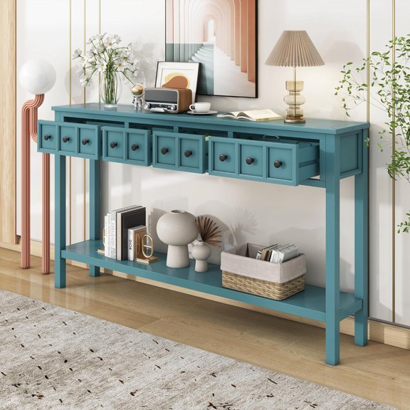 Farmhouse Console Table with Storage Drawers, Slim Long Sofa Table with Open Shelf & 4 Drawers, for Entryway Living Room Hallway, Turquoise Green