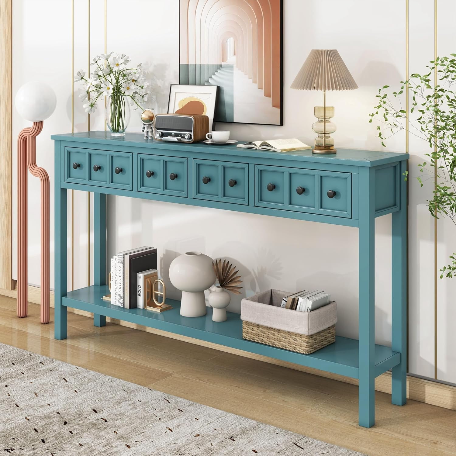 Farmhouse Console Table with Storage Drawers and Bottom Shelf for ...