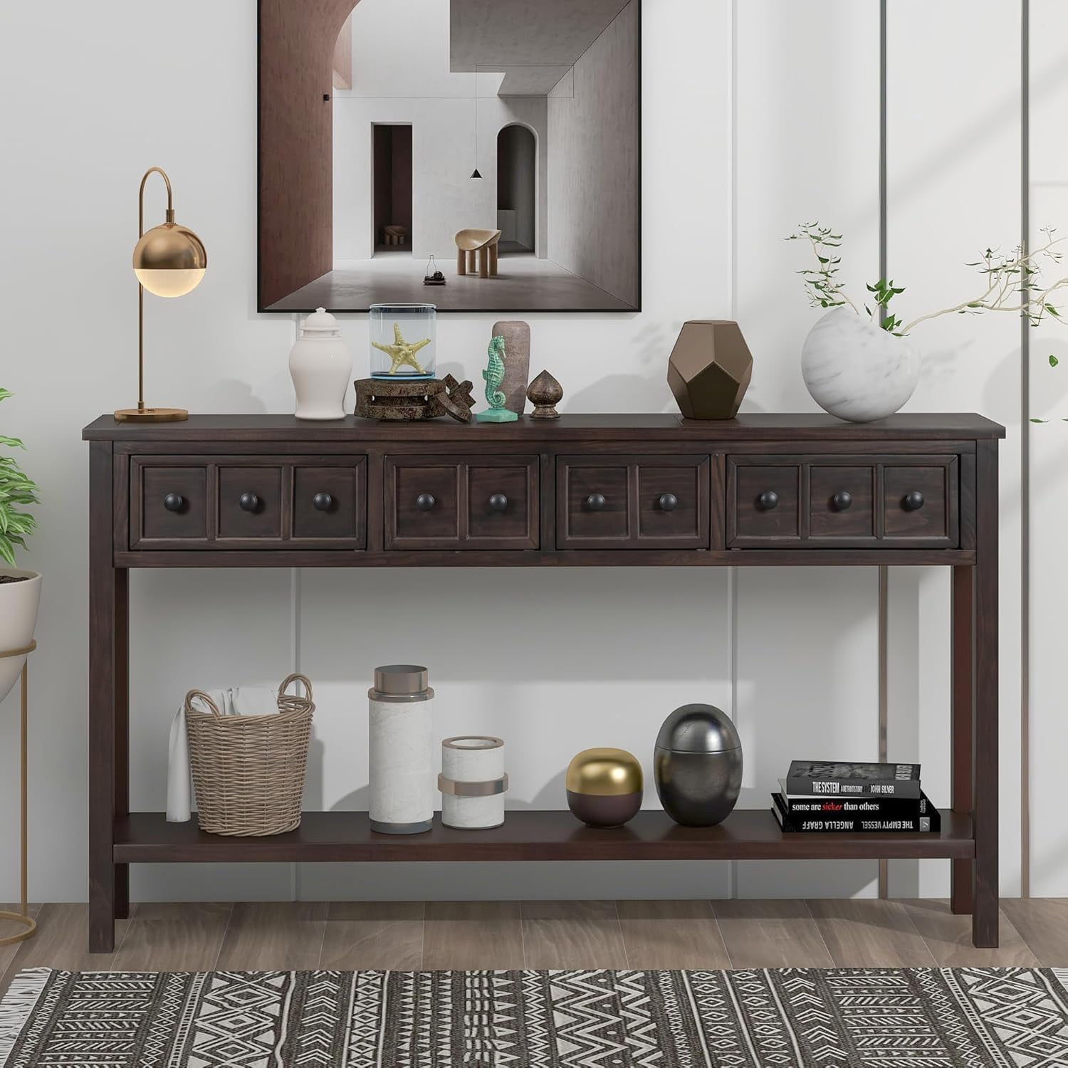 Farmhouse Console Table with Storage Drawers and Bottom Shelf for ...