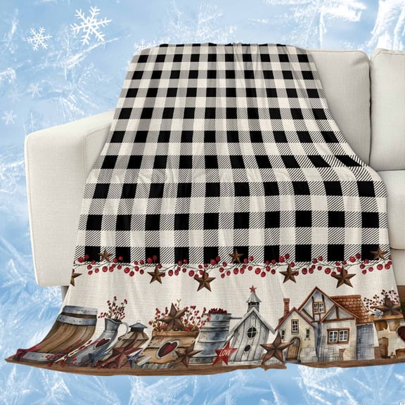 Farmhouse Cooling Blanket,Lightweight Breathable Summer Throw Blanket with Double Sided Cold Effect,American Country Star Barn Black Plaid Berry Picnic Blankets Bed Sheet for Hot Sleepers 30"x40"