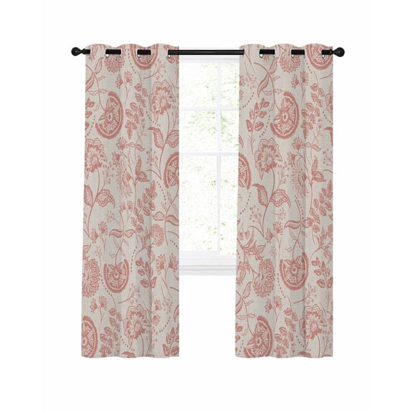 Farmhouse Coral Pink Floral Blackout Curtains for Bedroom Living Room Linen Boho Paisley Flower Rustic Thermal Insulated Curtains 2 Panels Grommet Top Room Darkening Window Drapes 52x72 inch