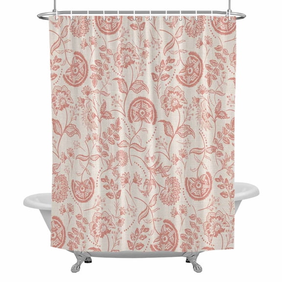 Farmhouse Coral Pink Floral Shower Curtain for Bathroom, Linen Boho Paisley Flower Rustic Waterproof Cloth Fabric Bathroom Accessories Set with 12 Rust Proof Plastic Hooks, 72"x72"