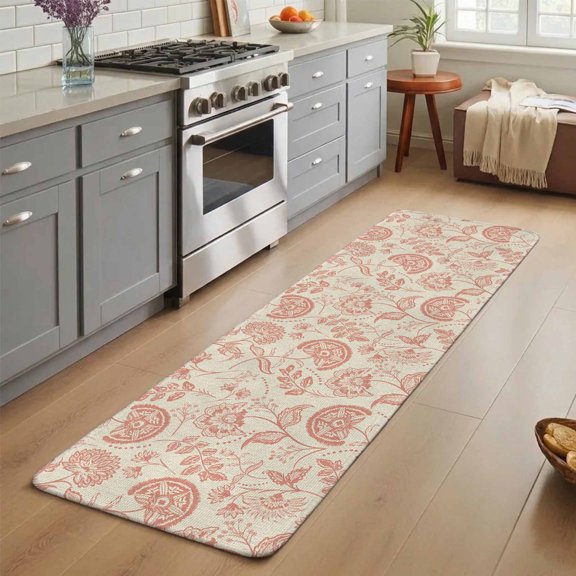 Farmhouse Coral Pink Floral Washable Runner Rug 2X5 ft Linen Boho Paisley Flower Rustic Non-Slip Hallway Runner Rug, Linen Kitchen Runner Mats, Indoor Floor Carpet for Entryway Bathroom Bedroom
