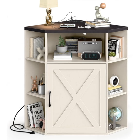 Farmhouse Corner Bookshelf with Storage, 6-Cubby Wooden Cabinet with USB Ports and Power Outlets, for Small Spaces