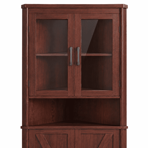 Farmhouse Corner Cabinet 67'' Tall - Storage with 4 Doors & 5 Shelves for Kitchen, Living Room, Bathroom - Dark Brown