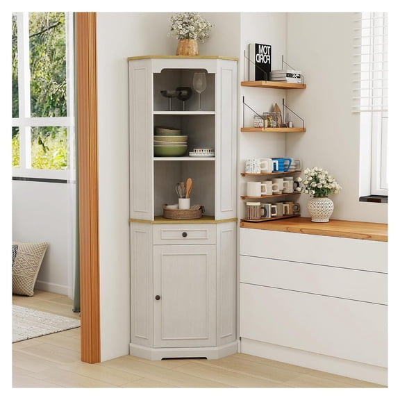 Farmhouse Corner Cabinet 68", Tall Pentagonal Corner Hutch, 3-Tier Open Shelf & Drawer, White Kitchen/Living Room Storage