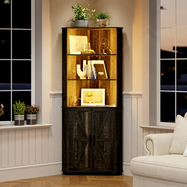 Farmhouse Corner Cabinet with LED Light 67 Tall Bathroom Cabinet with 2 Doors and 3 Tier Shelves Free Standing Corner Storage Cabinet for Living