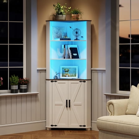Farmhouse Corner Cabinet with LED Light, 67" Tall Bathroom Cabinet with 2 Doors and 3 Tier Shelves, Free Standing Corner Storage Cabinet for Living Room, Bedroom or Kitchen, Antique White