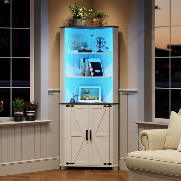 Farmhouse Corner Cabinet with LED Light, 67" Tall Bathroom Cabinet with 2 Doors and 3 Tier Shelves, Free Standing Corner Storage Cabinet for Living Room, Bedroom or Kitchen, Antique White