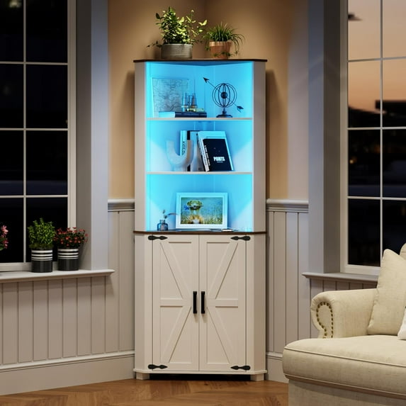 Farmhouse Corner Cabinet with LED Light, 67" Tall Bathroom Cabinet with 2 Doors and 3 Tier Shelves, Free Standing Corner Storage Cabinet for Living Room, Bedroom or Kitchen, Antique White