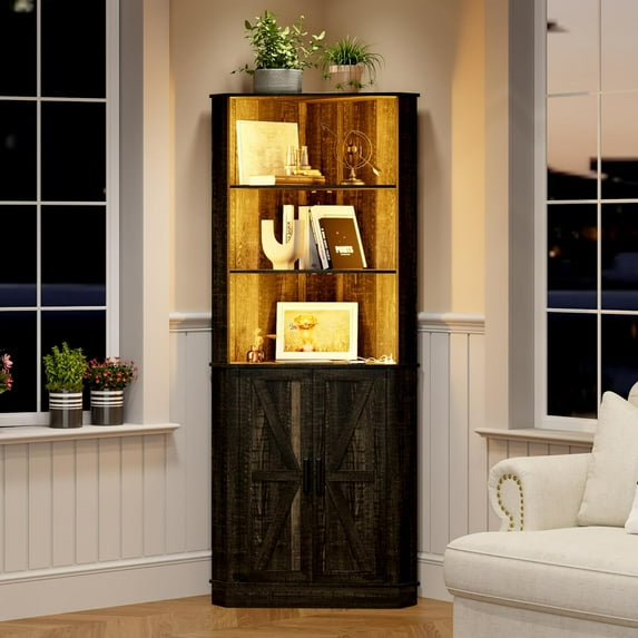 Farmhouse Corner Cabinet with LED Light, 67" Tall Bathroom Cabinet with 2 Doors and 3 Tier Shelves, Free Standing Corner Storage Cabinet for Living Room or Kitchen, Rustic Brown